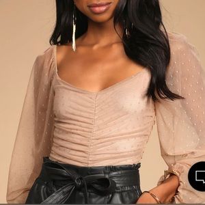 NWT Ruching Around Town Beige Swiss Dot Ruched Long Sleeve Bodysuit size Medium